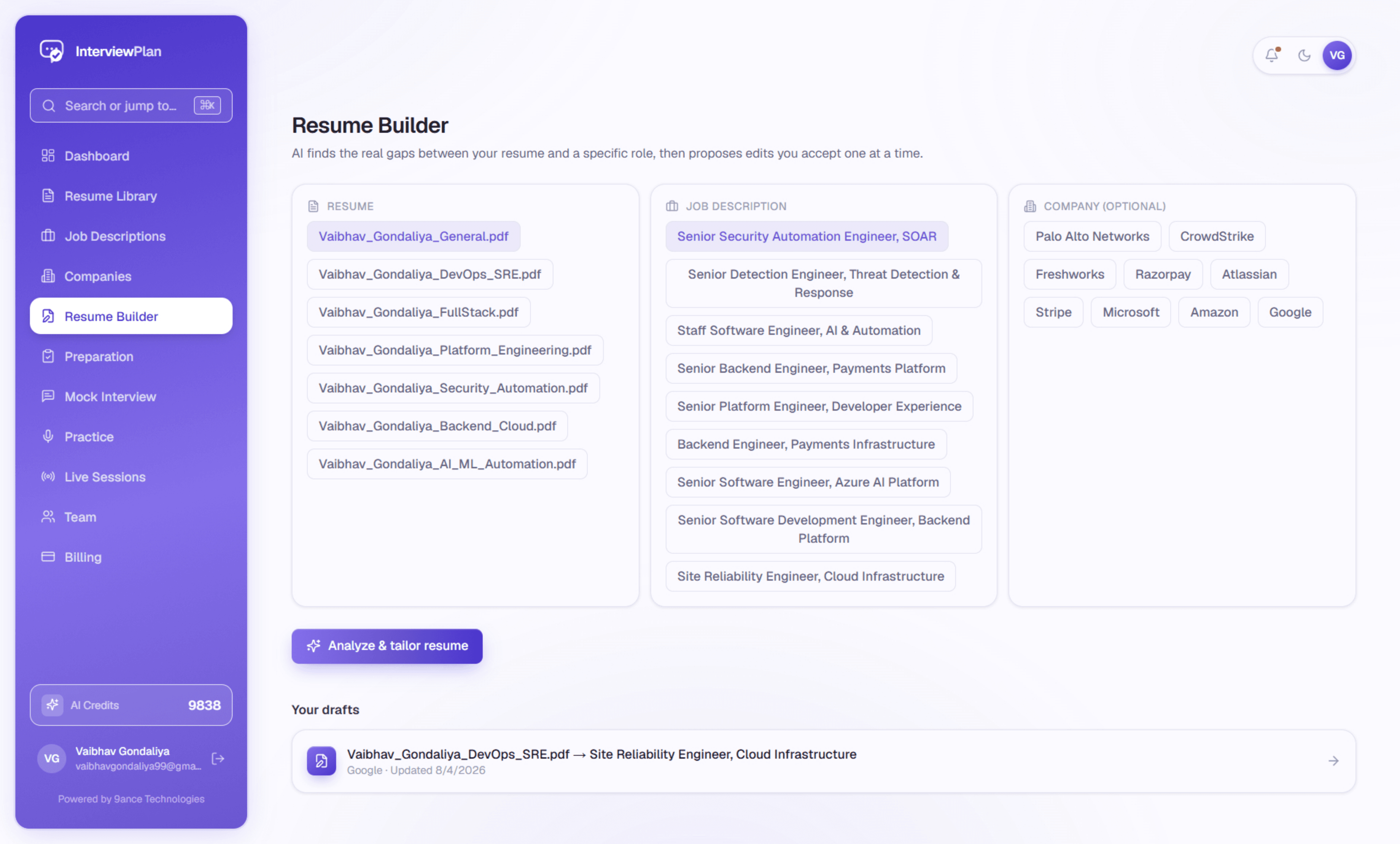 InterviewPlan Resume Builder with suggested edits